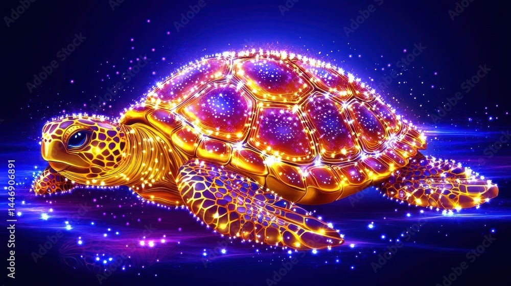 Poster enigmatic aquatic creature a glowing turtle depicted with an abstract bioluminescent effect and spar