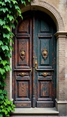 Obraz premium Weathered wooden door with ornate gold hardware and vines , gold, hardware
