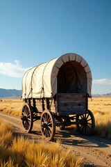 Weathered wooden frame of a pioneer wagon on the Oregon Trail, dusty road, expedition gear