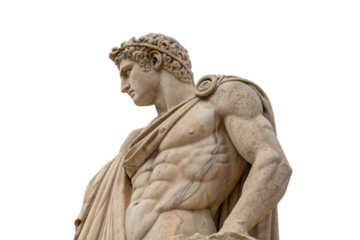 Roman Statue, Chiseled torso and flowing robe capture classical strength and idealized male beauty in marble, isolated on a transparent background