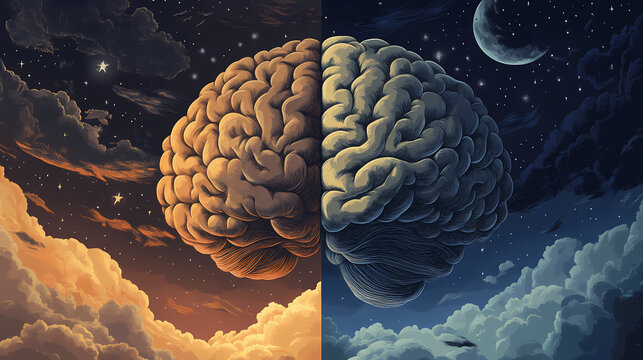 Depiction of a brain against divided night and day skies, highlighting the importance of sleep cycles and time. [Frozen Time] | Hibernated Hours | sleeping time. Illustration