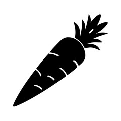 Stylized black carrot with white stripes and green foliage, vector art