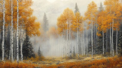 Ethereal autumn landscape with birch trees and lingering fog in the forest
