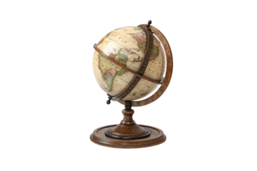 Tilted antique globe on wooden stand displaying Africa and Europe with an old-world charm, isolated on a transparent background