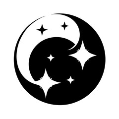 Yin Yang Symbol with Celestial Starbursts in Black and White Simplicity