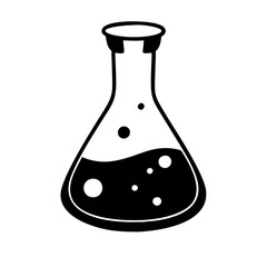 Stylized Erlenmeyer flask with black liquid and bubbles on white background