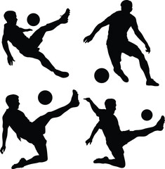 Silhouettes of Soccer Players in Action – Black and White Vector Illustration Featuring Dynamic Poses, Kicking Motions, Athletic Energy, Minimalist Design, Sports Art Graphic Element