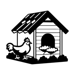 Cartoon chicken standing beside a chicken coop with egg silhouette inside © MdShahariar
