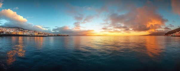 A scenic coastal view during a colorful sunset over calm waters