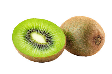 Obraz premium Close-up of a whole and a halved kiwi fruit, showcasing the vibrant green and brown colors. The image presents a healthy, fresh, and tasty food item.