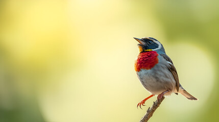 A beautiful colorful sparrow opening it beck and seeing into the sky.