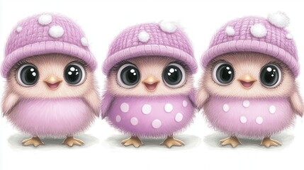 Fototapeta premium Whimsical avian trio adorned in lilac polka-dot attire a celebration of spring charm and innocent delight capturing the essence of adorable springtime aesthetics