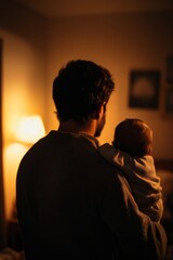A dim room lit only by a nightlight. A father is walking gently while holding his baby against his shoulder. The mood is quiet and soothing 