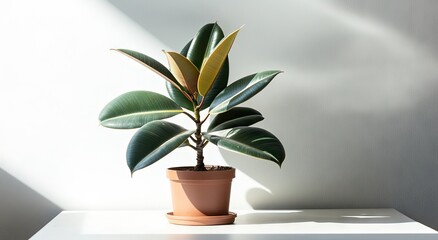A vibrant rubber plant in a terracotta pot, bathed in sunlight.