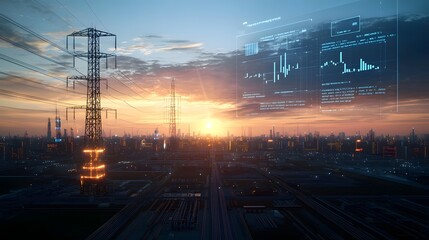 A dramatic cityscape at sunset with silhouetted electricity transmission towers against a vibrant sky blended with a detailed financial market chart symbolizing the connection between energy