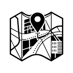 Illustrated Map with Pinpoint Location in Black and White Style