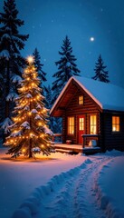 Fototapeta premium Wooden cabin with Christmas tree lit up in the snow, snowflakes falling, snowy woods