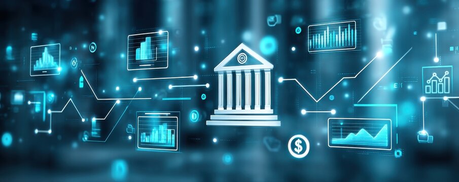 A digital illustration of banking, finance, and data analytics with graphs, charts, and a central bank icon in a futuristic blue style.