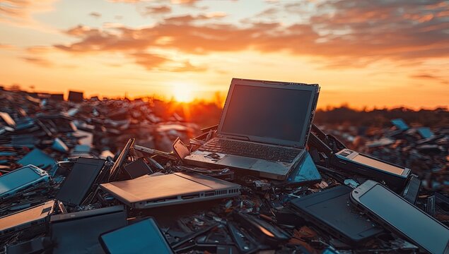 E-waste sunset Laptops and phones in a scrap heap