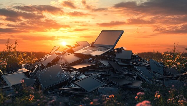 Sunset over a large pile of discarded laptops in a field
