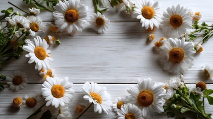 Obraz premium Floral top view frame with white wooden background minimal botanical poster natural flower mockup center space layout