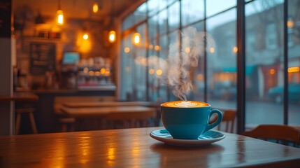 Coffee Cup with Latte Art in Cafe