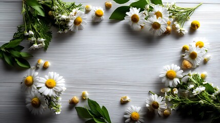 Fototapeta premium Top view floral frame on white wooden background flatlay flower border for minimal botanical poster design