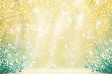 Golden bokeh background with delicate yellow flowers and soft green foliage