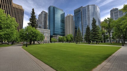 Green park with downtown city backdrop, abundant foliage, impressive buildings, bright day - juxtaposition leaves green