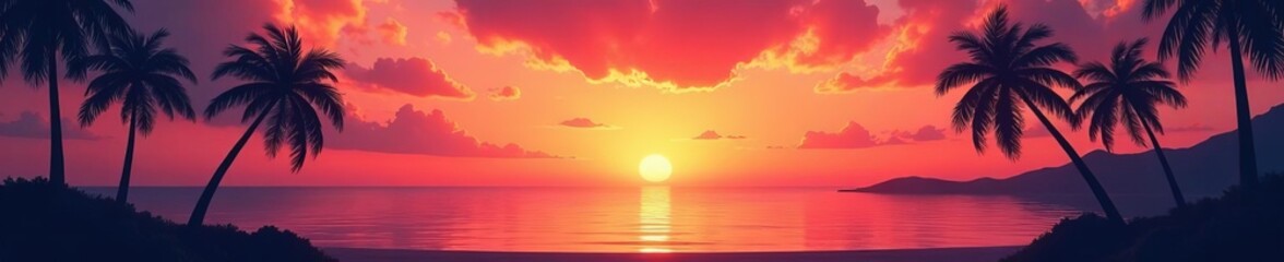 Vibrant sunset over calm sea with silhouetted palm trees, horizon, clouds, sky