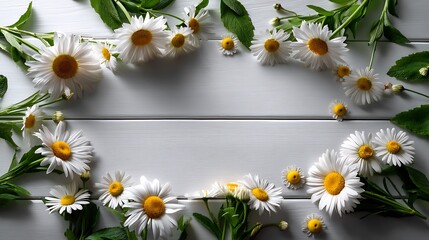 Fototapeta premium Top view floral frame on white wooden background flatlay flower border for minimal botanical poster natural flower mockup