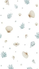 Fototapeta premium Flat vector pattern of seashells, coral fragments, and ocean bubbles in soft pastel blue and beige tones, scattered evenly on a solid white background for a beachy minimalist design.