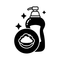 Shiny dish soap and a bowl filled with suds for washing dishes