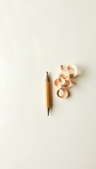 A wooden pencil shaved down to a tiny stub, resting beside curled wood shavings on a plain white surface, representing creativity and use.

