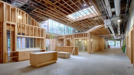 Fototapeta premium Wooden framing evolves into sleek kitchen cabinetry, blending raw structure with modern design in a diagonal composition. 