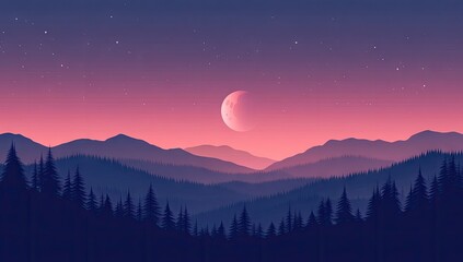 Fototapeta premium A serene mountain landscape at twilight with a pink moon.