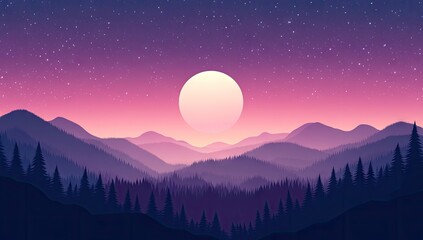 Fototapeta premium A serene mountain landscape at twilight with a full moon and starry sky.