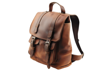Full shot of a brown leather backpack, angled to the side, against a red background.  Its features, like buckles and straps, are prominently displayed.