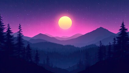 Fototapeta premium A vibrant night scene of a mountain range with a bright sun.