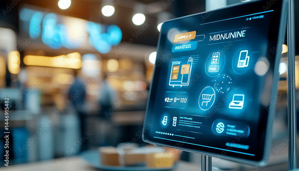 Poster digital display showcasing smart technology solutions in a modern business environment urban setting