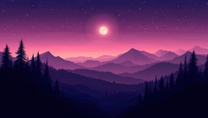 A tranquil mountain landscape at dusk with a full moon.