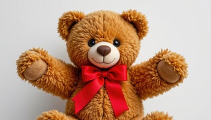 Obraz premium An adorable teddy bear with a red bow, a classic toy full of comfort and warmth