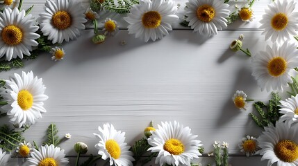 Minimal botanical poster with top view floral frame on white wooden background natural flower mockup flatlay layout