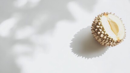 Durian half against a white background with shadows, top-down view.