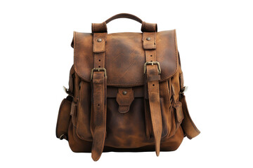 Full shot of a sturdy, rustic brown leather backpack, featuring durable straps and buckles.