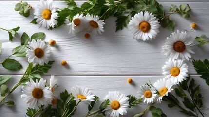 Obraz premium Top view floral frame with white wooden background flatlay flower border minimal botanical poster for natural mockup