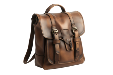 Full shot of a brown leather backpack, showcasing its craftsmanship and design elements.  The image highlights the rich texture and quality of the leather.