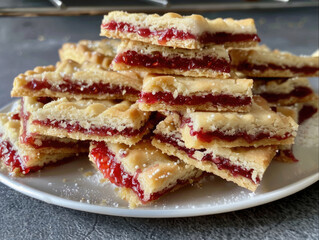 Stack of sweet, layered cookies filled with red fruit jam.  A light dusting of powdered sugar adds a final touch