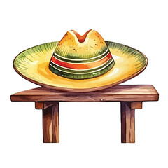 sombrero on a wooden table cute watercolors illustration on white background
