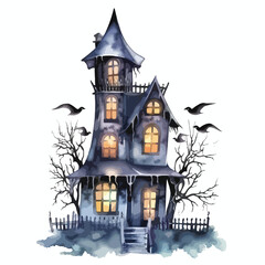 spooky haunted house cute watercolors illustration on white background